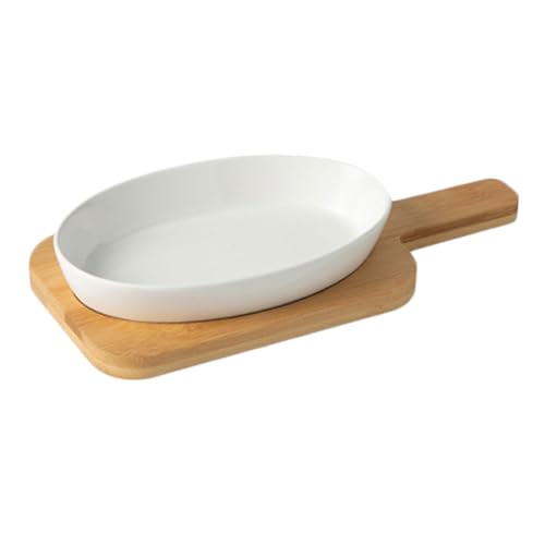 TOYZFRIENDY Keramik Backblech mit Holzunterlage Hitzebeständige Glatte Backform für Ofen und Mikrowelle Spülmaschinenfestes Küchenserviergeschirr für Gebackenen Reis und Dessert von TOYZFRIENDY