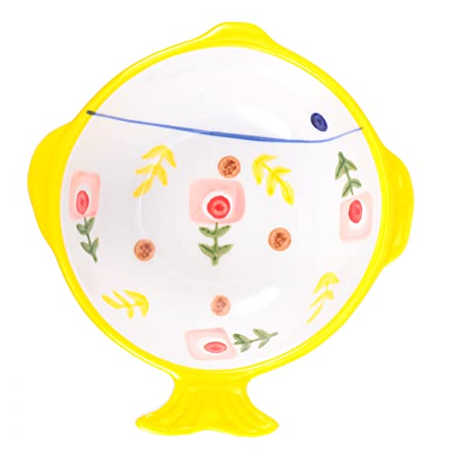 TOYZFRIENDY Keramik Katzennapf Fischform rutschfest Stabiler Futternapf mit Nackenschutz Für Kleine Katzen und Hunde Gelb von TOYZFRIENDY