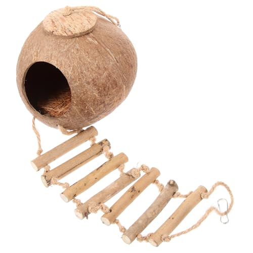 TOYZFRIENDY Natürlicher Kokosnuss vogelhaus mit Leiter Dekoratives Hängendes Nistnest für Wellensittiche und Papageien Stresslinderndes Schlafnest Vielseitig für Vogelkäfig und Außendeko von TOYZFRIENDY