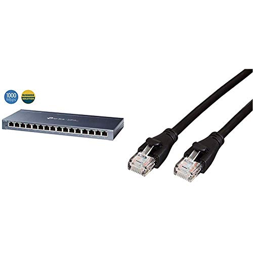 TP-Link TL-SG116 16-Ports Gigabit Netzwerk Switch (32 Gbit/S Switching-Kapazität, geschirmte RJ-45 Ports, IGMP-snooping) blau metallic & Amazon Basics Ethernet-Netzwerkkabel, RJ45, Cat6, 0,9 m von TP-Link