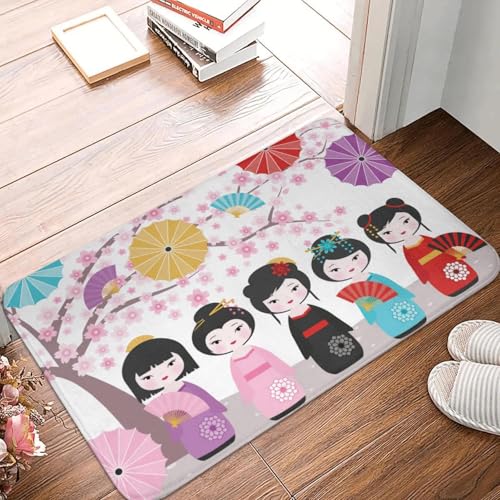 TPDODON Kawaii Kokeshi Puppe Kirsche Vordertürmatte Anti-Rutsch Outdoor Japanische Geisha Mädchen Kunst Fußmatte Küche Balkon Eingang Teppich-16x24 inch von TPDODON