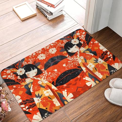 TPDODON Sakura Japanisches Mädchen Kokeshi Puppe Fußmatte rutschfeste Badezimmer Küchenmatte Wohnzimmer Boden Tür Eingang Teppich Teppich-16x24 inch von TPDODON