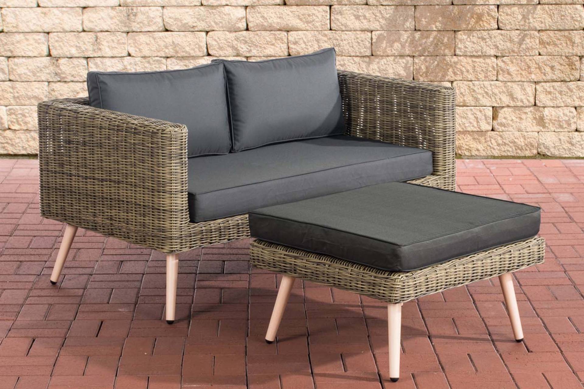 TPFGarden 2er Sofa Moldau mit Fußhocker Rundrattan natura 40 cm (Hellbraun) - anthrazit Stück von TPFGarden