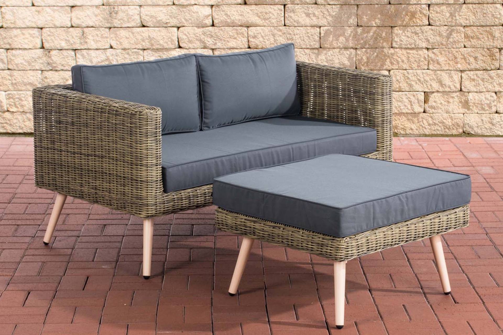 TPFGarden 2er Sofa Moldau mit Fußhocker Rundrattan natura 40 cm (Hellbraun) - eisengrau Stück von TPFGarden