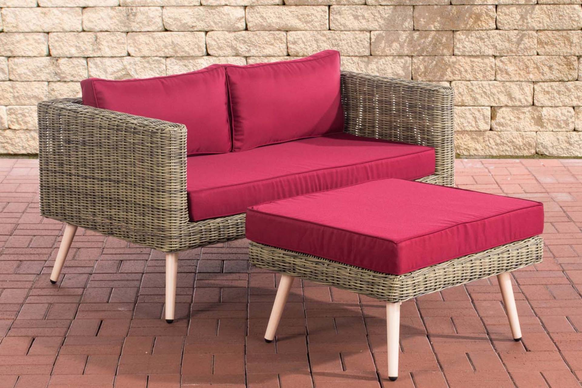 TPFGarden 2er Sofa Moldau mit Fußhocker Rundrattan natura 40 cm (Hellbraun) - rubinrot Stück von TPFGarden