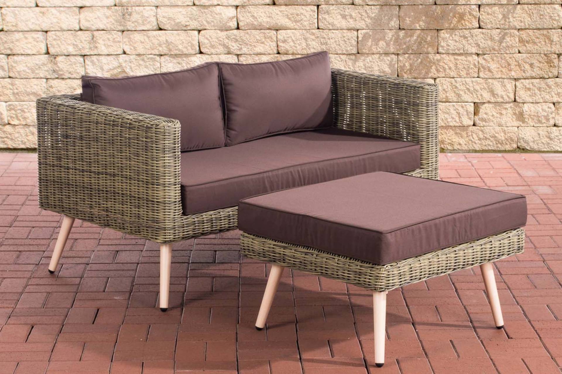 TPFGarden 2er Sofa Moldau mit Fußhocker Rundrattan natura 45 cm (Hellbraun) - terrabraun Stück von TPFGarden