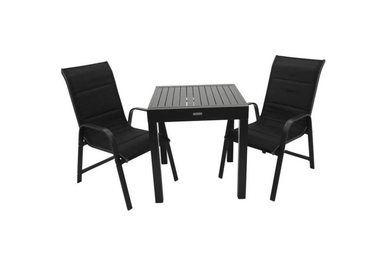 TPFGarden Garten-Essgruppe ASHFORD, (Gartengarnitur - 3-teilige Sitzgruppe - Aluminiumgestell dunkelgrau, 5-tlg., Bespannung Textilgewebe gepolstert schwarz - Tisch dunkelgrau), (2x Stapelsessel Hochlehner, 1x Balkon-Ausziehtisch 70/140x70cm) von TPFGarden