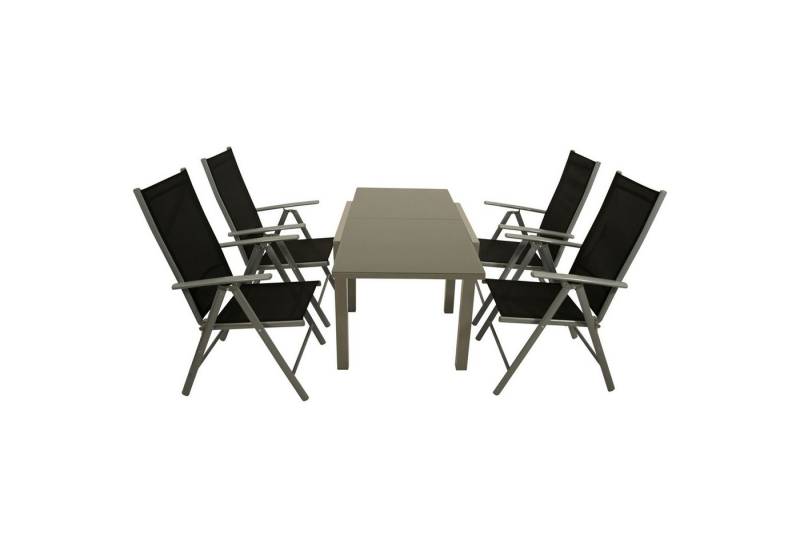 TPFGarden Garten-Essgruppe ASHFORD, (Gartengarnitur - 5-teilige Sitzgruppe - Aluminium grau, 5-tlg., Bespannung Textilene schwarz - Tischplatte Sicherheitsglas grau), (4x Klappsessel. 1x Balkon-Ausziehtisch 70/140x70cm) von TPFGarden