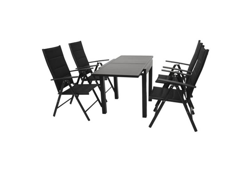 TPFGarden Garten-Essgruppe ASHFORD, (Gartengarnitur - 5-teilige Sitzgruppe - Aluminiumgestell dunkelgrau, 5-tlg., Bespannung Textilgewebe gepolstert schwarz - Tisch dunkelgrau), (4x Klappsessel, 1x Balkon-Ausziehtisch 70/140x70cm) von TPFGarden