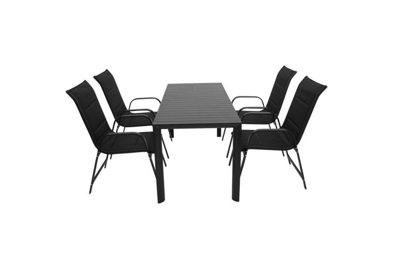TPFGarden Garten-Essgruppe ASHFORD, (Gartengarnitur - 5-teilige Sitzgruppe - Aluminiumgestell dunkelgrau, 5-tlg., Bespannung Textilgewebe gepolstert schwarz - Tisch dunkelgrau), (4x Stapelsessel Hochlehner, 1x Ausziehtisch 117/162x70cm) von TPFGarden