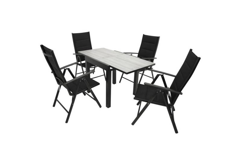 TPFGarden Garten-Essgruppe ASHFORD, (Gartengarnitur - 5-teilige Sitzgruppe - Aluminiumgestell silbergrau, 5-tlg., Bespannung Textilgewebe gepolstert schwarz - Tisch Keramik-Optik grau), (4x Klappsessel, 1x Balkon-Ausziehtisch 70/140x70cm) von TPFGarden