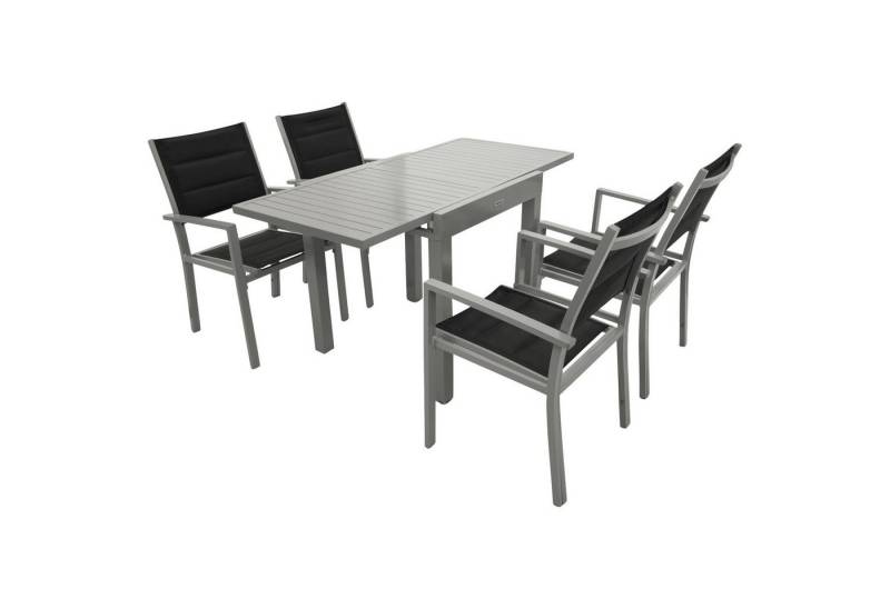 TPFGarden Garten-Essgruppe ASHFORD, (Gartengarnitur - 5-teilige Sitzgruppe - Aluminiumgestell silbergrau, 5-tlg., Bespannung Textilgewebe gepolstert schwarz - Tisch silbergrau), (4x Sessel, 1x Balkon-Ausziehtisch 70/140x70cm) von TPFGarden