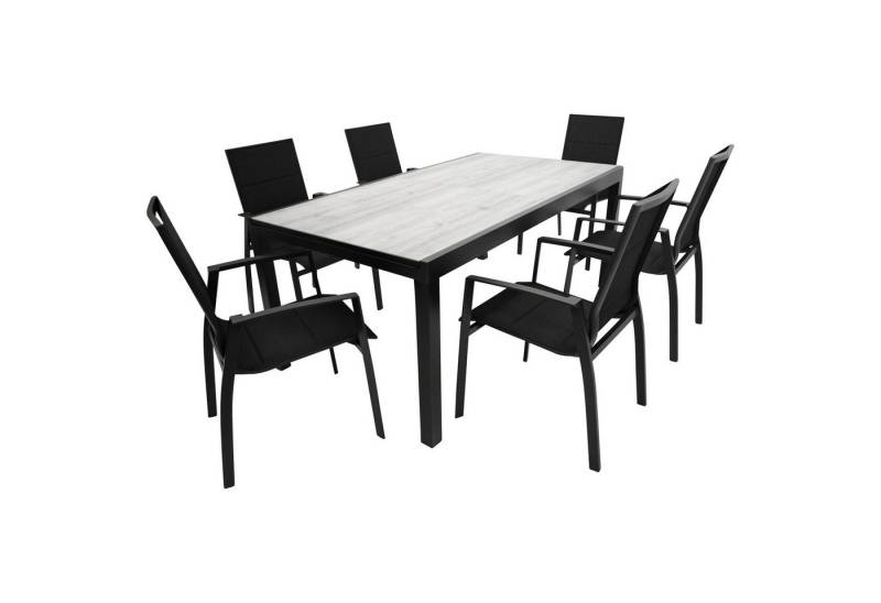 TPFGarden Garten-Essgruppe ASHFORD, (Gartengarnitur - 7-teilige Sitzgruppe - Aluminium anthrazit, 7-tlg., Bespannung Kunstgewebe mit Polsterung - Tischplatte Keramikoptik), (6x Stapelsessel mit Armlehnen, 1x Ausziehtisch 180/240x100cm) von TPFGarden