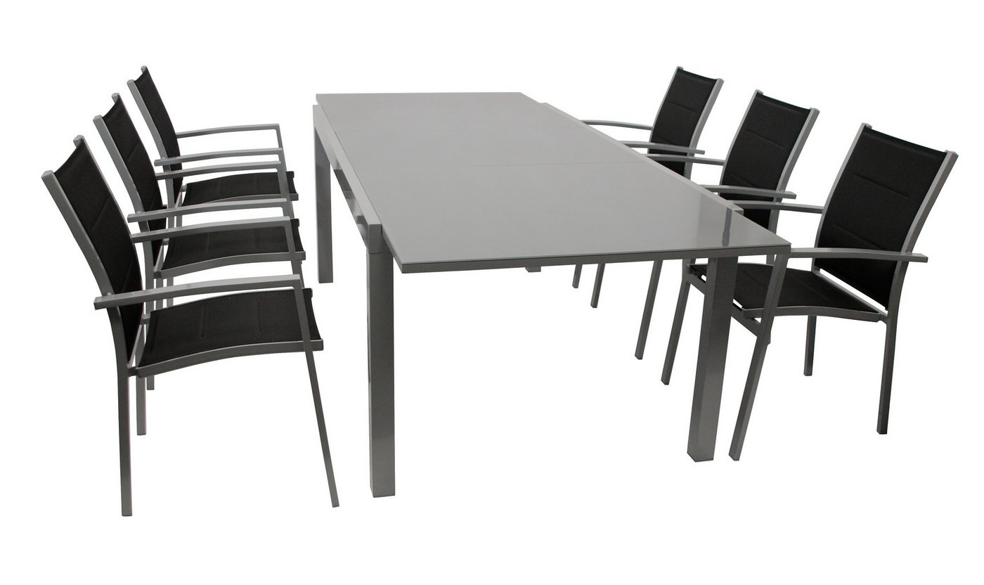 TPFGarden Garten-Essgruppe ASHFORD, (Gartengarnitur - 7-teilige Sitzgruppe - Aluminiumgestell, 7-tlg., Bespannung Kunstgewebe schwarz - Tischplatte Sicherheitsglas grau), (6x Stapelsessel mit Armlehnen, 1x Ausziehtisch 180/240x100cm) von TPFGarden