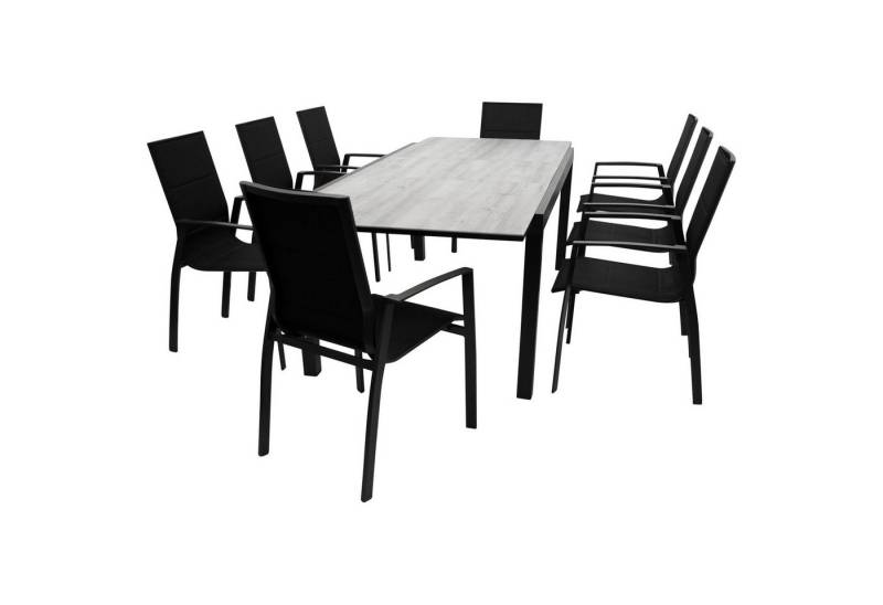 TPFGarden Garten-Essgruppe ASHFORD, (Gartengarnitur - 9-teilige Sitzgruppe - Aluminium anthrazit, 9-tlg., Bespannung Kunstgewebe mit Polsterung - Tischplatte Keramikoptik), (6x Stapelsessel mit Armlehnen, 1x Ausziehtisch 180/240x100cm) von TPFGarden