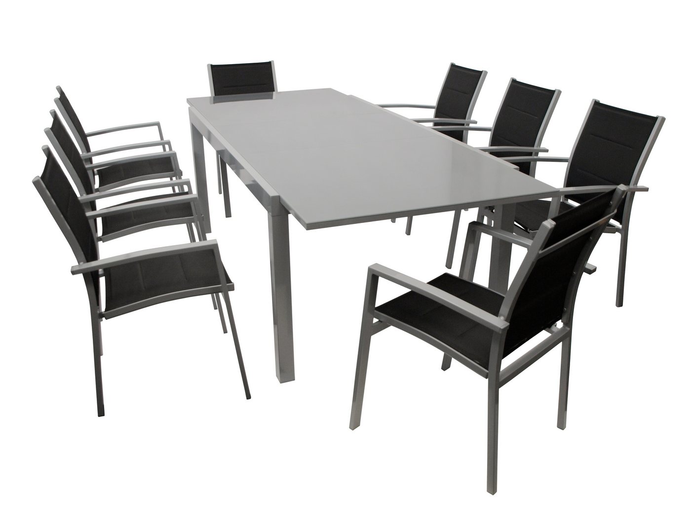 TPFGarden Garten-Essgruppe ASHFORD, (Gartengarnitur - 9-teilige Sitzgruppe - Aluminiumgestell, 9-tlg., Bespannung Kunstgewebe schwarz - Tischplatte Sicherheitsglas grau), (8x Stapelsessel mit Armlehnen, 1x Ausziehtisch 180/240x100cm) von TPFGarden