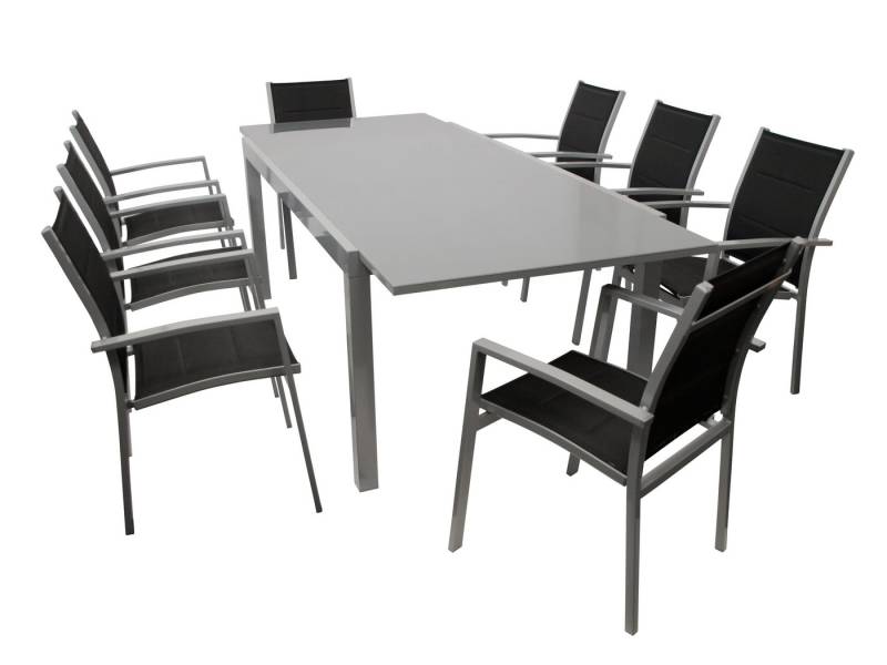 TPFGarden Garten-Essgruppe ASHFORD, (Gartengarnitur - 9-teilige Sitzgruppe - Aluminiumgestell, 9-tlg., Bespannung Kunstgewebe schwarz - Tischplatte Sicherheitsglas grau), (8x Stapelsessel mit Armlehnen, 1x Ausziehtisch 180/240x100cm) von TPFGarden