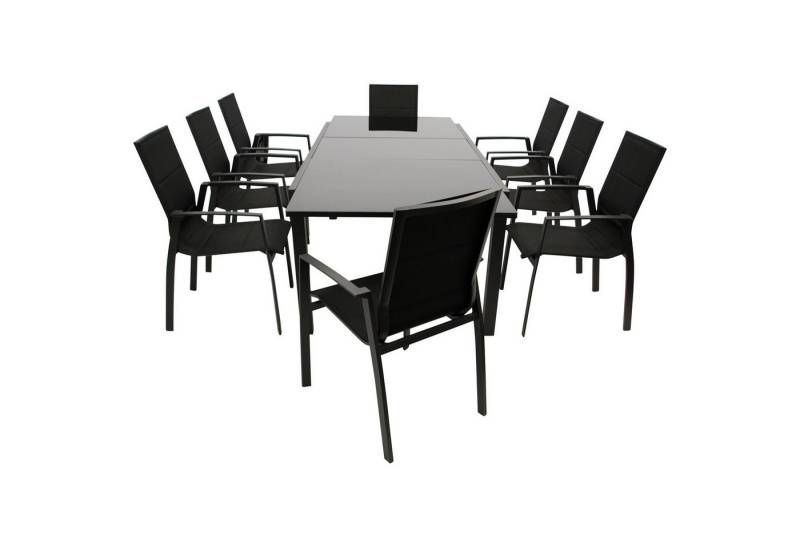 TPFGarden Garten-Essgruppe ASHFORD, (Gartengarnitur - 9-teilige Sitzgruppe - Aluminiumgestell anthrazit, 9-tlg., Bespannung Kunstgewebe schwarz - Tisch Sicherheitsglas schwarz), (8x Stapelsessel, 1x Ausziehtisch 180/240x100cm) von TPFGarden