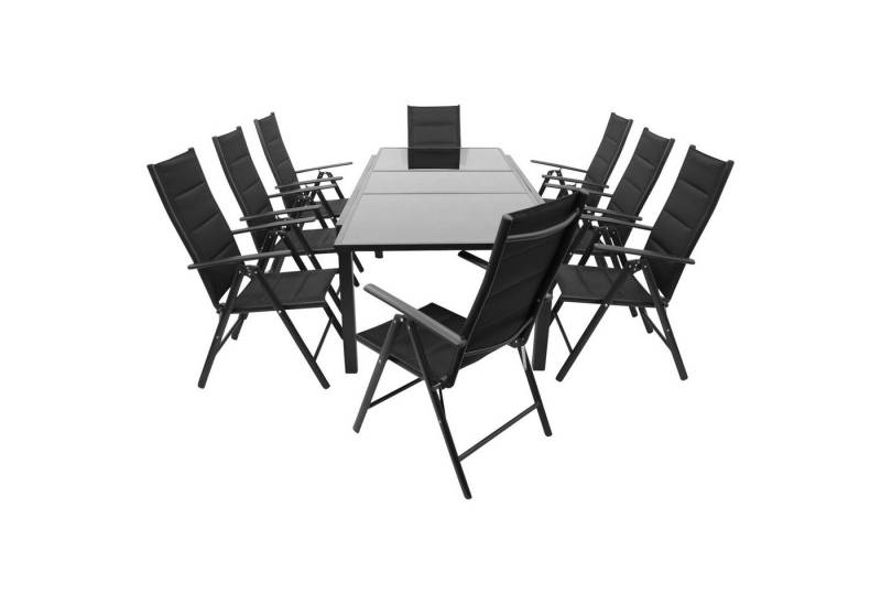 TPFGarden Garten-Essgruppe ASHFORD, (Gartengarnitur - 9-teilige Sitzgruppe - Aluminiumgestell dunkelgrau, 9-tlg., Bespannung Textilgewebe gepolstert - Tisch mit Sicherheitsglas schwarz), (8x Klappsessel, 1x Ausziehtisch 180/240x100cm) von TPFGarden