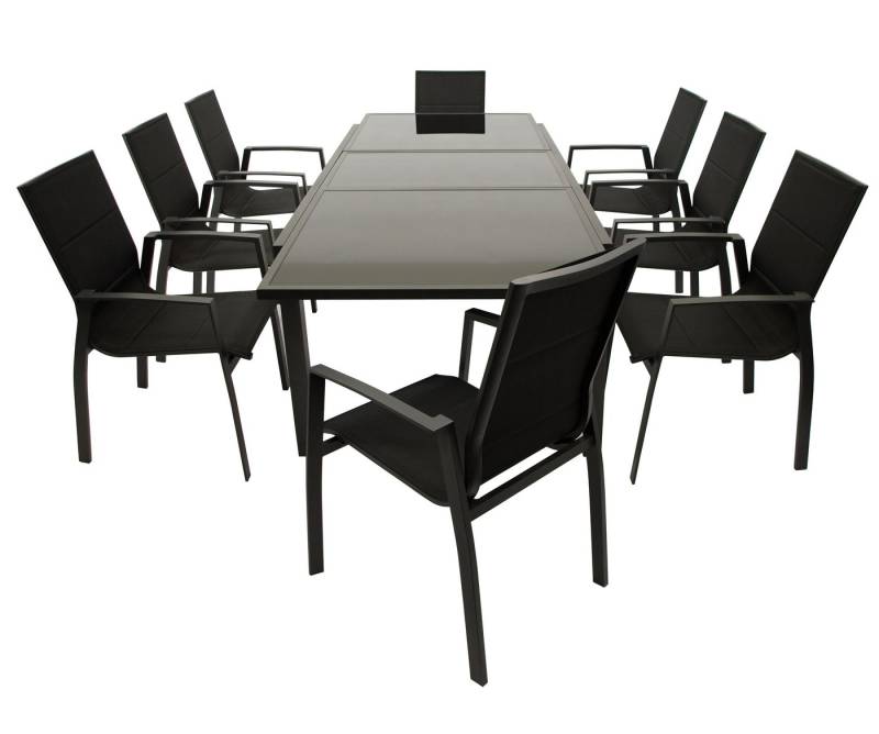 TPFGarden Garten-Essgruppe ASHFORD, (Gartengarnitur - 9-teilige Sitzgruppe - Aluminiumgestell schwarz, 9-tlg., Bespannung Textilene schwarz - Aluminium + Glas schwarz), (8x Stapelsessel, 1x Ausziehtisch 180/240x100cm) von TPFGarden