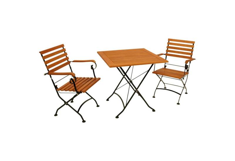 TPFGarden Garten-Essgruppe BAD-BELZIG, (Gartensitzgruppe - 3-teilig - Gestell Flachstahl schwarz, 3-tlg., Sitzfläche und Rückenlehnen Latten Eukalyptusholz, FSC®-zertifiziert), (2x Armlehnensessel, 1x Tisch 75cm rund) von TPFGarden