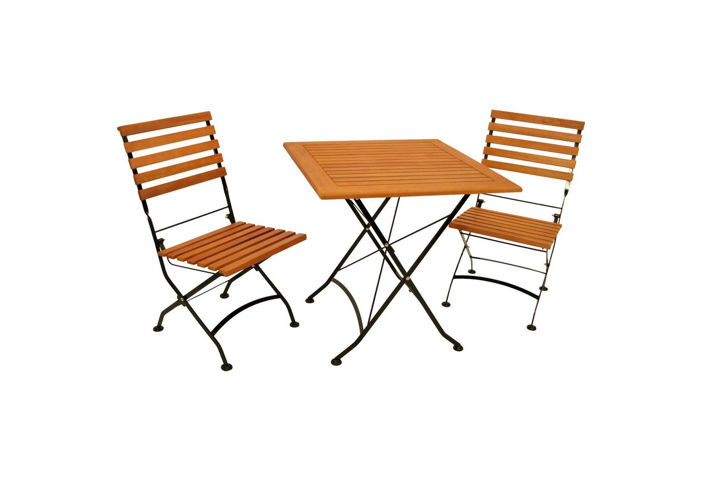 TPFGarden Garten-Essgruppe BAD-BELZIG, (Gartensitzgruppe - 3-teilig - Gestell Flachstahl schwarz, 3-tlg., Sitzfläche und Rückenlehnen Latten Eukalyptusholz, FSC®-zertifiziert), (2x Stuhl, 1x Tisch 75x75cm) von TPFGarden