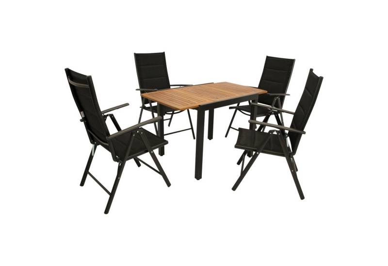 TPFGarden Garten-Essgruppe CANTERBURY, (Gartensitzgruppe - Garten Garnitur mit Ausziehtisch 80 bis 120 cm, 5-tlg., Gartenset 5-teilig - Aluminium - Akazie - Kunstgewebe schwarz), (4x Klappsessel dunkelgrau, 1x Balkon-Ausziehtisch Akazie 80/120x70cm) von TPFGarden