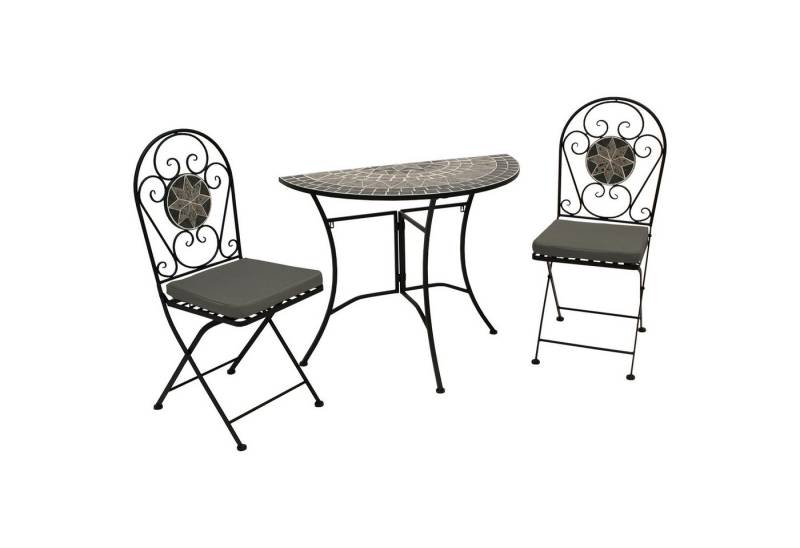 TPFGarden Garten-Essgruppe DERBY, (Bistroset - Gartenset 3-teilig - schwarz pulverbeschichtetes Eisen, 3-tlg., Tischplatte, Sitzfläche und Rückenfläche - Mosaik-Design), (2x Klappstuhl, 1x Wandtisch 90x45cm halbrund von TPFGarden