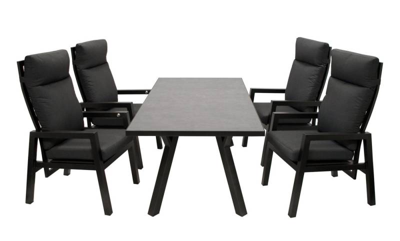 TPFGarden Garten-Essgruppe READING, (Gartensitzgruppe - 5-teilig - Gestell Aluminium grau pulverbeschichtet, 5-tlg., Tisch: Glas in Keramikoptik - Lehnen mit Gasdruckfeder verstellbar), (4x Hochlehner Sessel mit Armlehnen, 1x Tisch 180x90cm) von TPFGarden