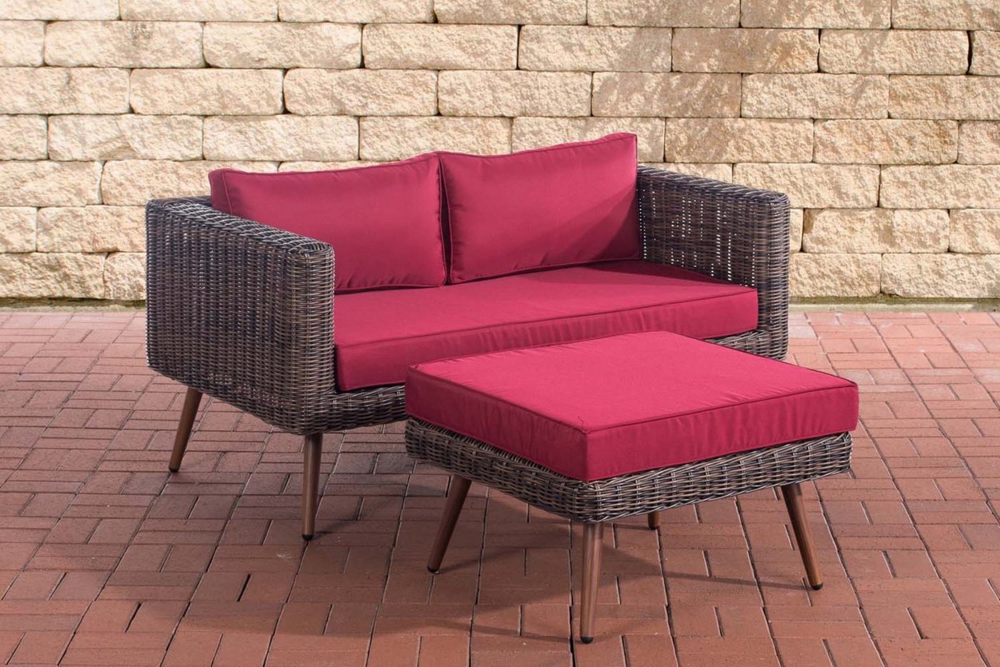 TPFGarden Gartenlounge-Set Moldau - 2 er Garten-Garnitur - Sitzgruppe für Garten und Terrasse, (Gartenmöbel-Set - 5mm Rundrattan - 2-Sitzer - Gartensofa Braun-meliert, 2-tlg., Gartenset aus Polyrattan - Polster-Farbe: rubinrot), Sofa (BxTxH): 142 x 78 x 64 cm - Fußhocker (BxTxH): 71 x 64 x 40 cm TPFGarden Gartenlounge-Set Moldau - 2 er Garten-Garnitur - Sitzgruppe für Garten und Terrasse, (Gartenmöbel-Set - 5mm Rundrattan - 2-Sitzer - Gartensofa Braun-meliert, 2-tlg., Gartenset aus Polyrattan - Polster-Farbe: rubinrot), Sofa (BxTxH): 142 x 78 x 64 cm - Fußhocker (BxTxH): 71 x 64 x 40 cm von TPFGarden