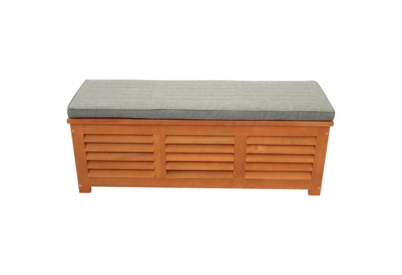 TPFGarden Kissenbox CARDIFF (Aufbewahrungsbox aus Eukalyptusholz, geölt, FSC®-zertifiziert, 1 St., Gartenbox mit grauem Sitzpolster, Dicke 5cm), Gartentruhe - Maße (BxTxH): 128x42x43 cm von TPFGarden