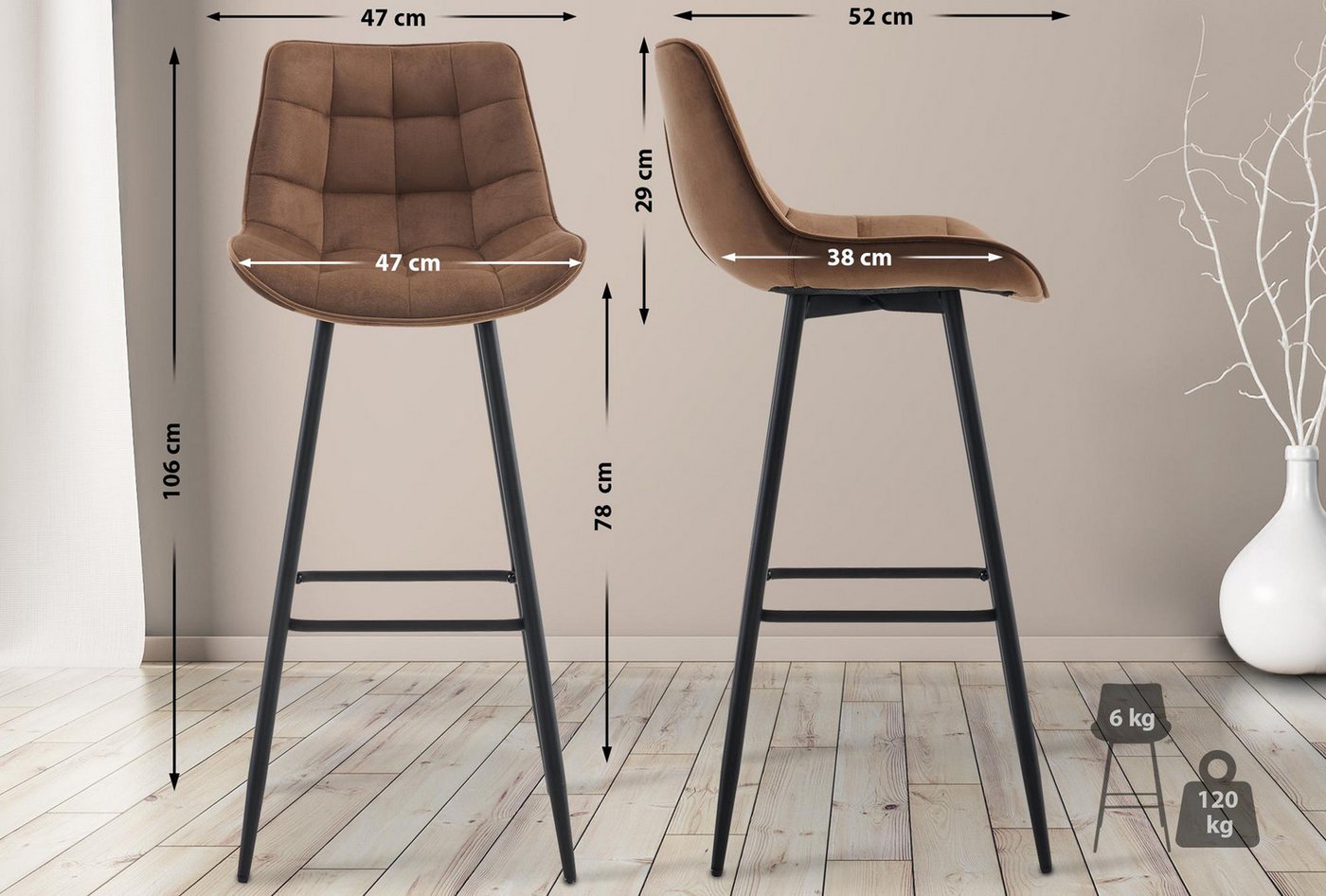 TPFLiving Barhocker 2er Set (Barstuhl - Hocker für Küche - stabiles), Thekenstuhl mit bequemer Sitzfläche: Samt braun von TPFLiving