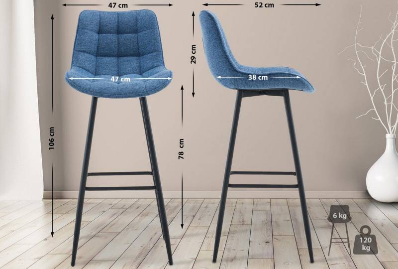 TPFLiving Barhocker 2er Set (Barstuhl - Hocker für Küche - stabiles), Thekenstuhl mit bequemer Sitzfläche: Stoff blau von TPFLiving