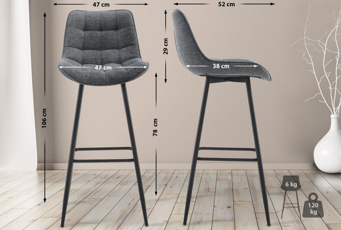 TPFLiving Barhocker 2er Set (Barstuhl - Hocker für Küche - stabiles), Thekenstuhl mit bequemer Sitzfläche: Stoff dunkelgrau von TPFLiving