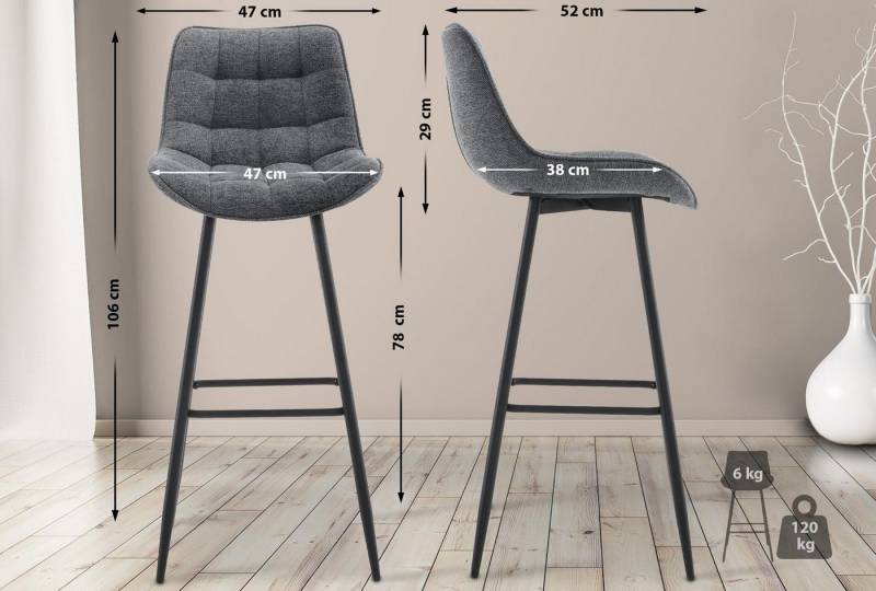 TPFLiving Barhocker 2er Set (Barstuhl - Hocker für Küche - stabiles), Thekenstuhl mit bequemer Sitzfläche: Stoff dunkelgrau von TPFLiving