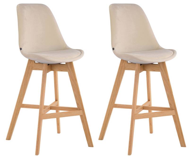 TPFLiving Barhocker 2er Set (Set, 2 St., Barstuhl - Thekenhocker - Tresenhocker - Hocker für Küche), 4-Fuß Gestell Holz Natur - Sitzfläche: Samt Creme von TPFLiving