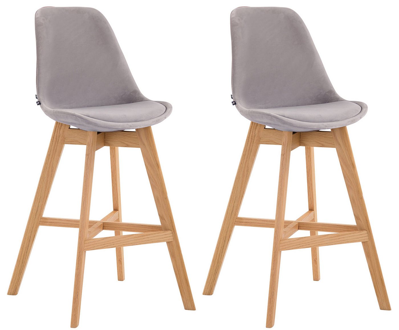 TPFLiving Barhocker 2er Set (Set, 2 St., Barstuhl - Thekenhocker - Tresenhocker - Hocker für Küche), 4-Fuß Gestell Holz Natur - Sitzfläche: Samt Grau von TPFLiving