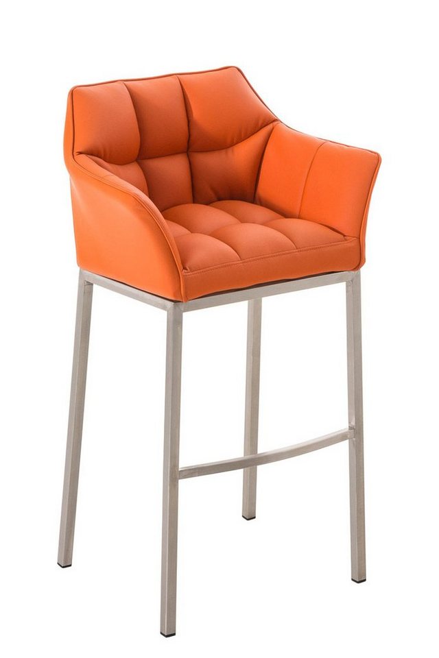 TPFLiving Barhocker Damaso (mit Rückenlehne und Fußstütze - Hocker für Theke & Küche), 4-Fuß Gestell Edelstahl - Sitzfläche: Kunstleder Orange von TPFLiving