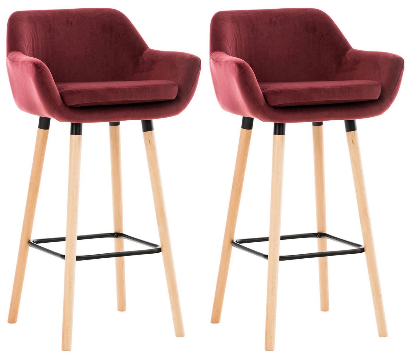 TPFLiving Barhocker Grande mit bequemer Rückenlehne und angenehmer Fußstütze (Set, 2 St., Barstuhl Hocker für Theke & Küche), Tresenhocker 4-Fuß Gestell Holz - Sitzfläche: Samt Rot von TPFLiving