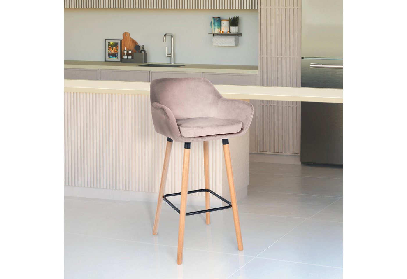 TPFLiving Barhocker Samt (Barstuhl - Hocker für Küche - stabiles Vierfußgestell), Thekenstuhl mit bequemer Sitzfläche: Samt hellgrau von TPFLiving