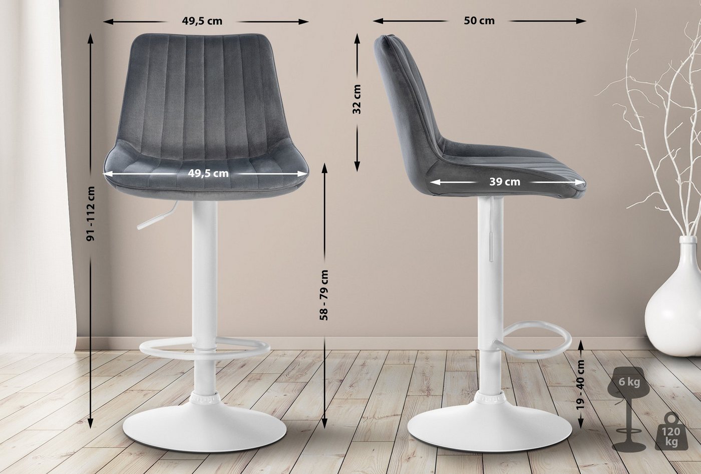 TPFLiving Barhocker höhenverstellbar (Barstuhl - Hocker für Küche - stabiles Drehgestell), Thekenstuhl mit bequemer Sitzfläche: Samt dunkelgrau von TPFLiving