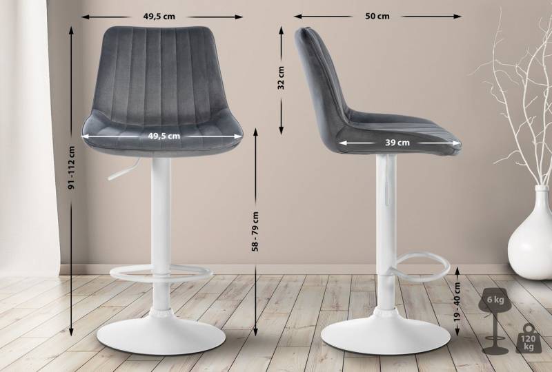 TPFLiving Barhocker höhenverstellbar (Barstuhl - Hocker für Küche - stabiles Drehgestell), Thekenstuhl mit bequemer Sitzfläche: Samt dunkelgrau von TPFLiving