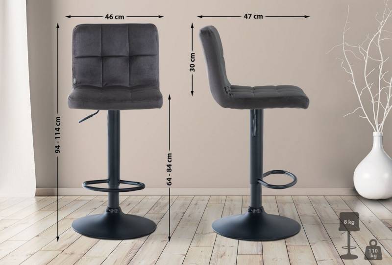 TPFLiving Barhocker höhenverstellbar (Barstuhl - Hocker für Küche - stabiles Drehgestell), Thekenstuhl mit bequemer Sitzfläche: Samt schwarz von TPFLiving