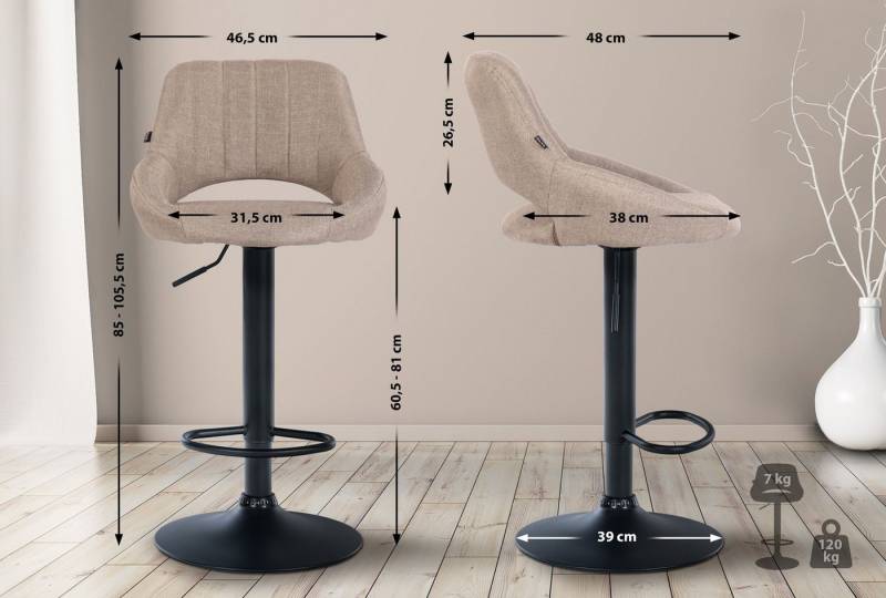 TPFLiving Barhocker höhenverstellbar (Barstuhl - Hocker für Küche - stabiles Drehgestell), Thekenstuhl mit bequemer Sitzfläche: Stoff taupe von TPFLiving