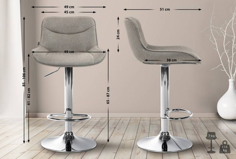 TPFLiving Barhocker höhenverstellbar (Barstuhl - Hocker für Küche - stabiles Drehgestell), Thekenstuhl mit bequemer Sitzfläche: Stoff taupe von TPFLiving