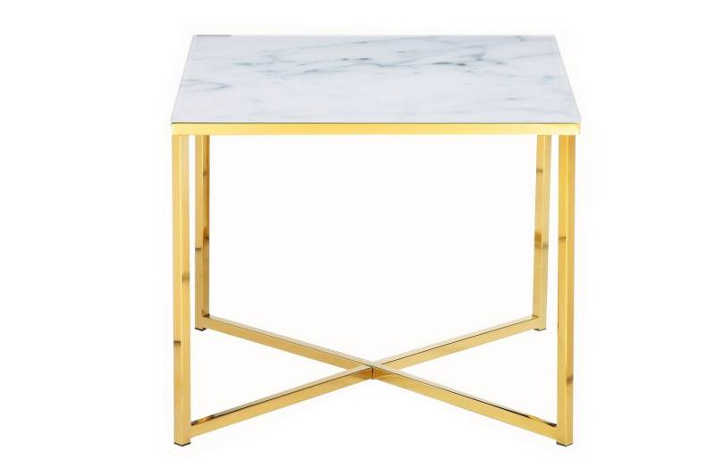 TPFLiving Beistelltisch Glassico - Couchtisch mit 6mm starker Glasplatte (Sofatisch in Marmoroptik mit extravagantem Stahlgestell, Glastisch - Kaffetisch - Teetisch in modernem Design), Maße (BxHxT): 50x42x50 cm - Gestell-Farbe Weiß, Gold von TPFLiving