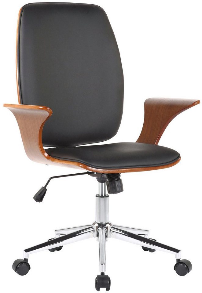 TPFLiving Bürostuhl Burton mit bequemer großer Rückenlehne und elegantem Holzrahmen (Schreibtischstuhl, Drehstuhl, Chefsessel, Bürostuhl XXL), Gestell: Metall chrom - Sitzfläche: Kunstleder walnuss/schwarz von TPFLiving