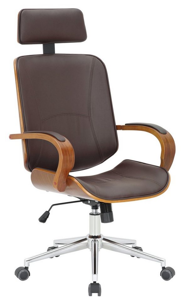 TPFLiving Bürostuhl Daytona mit bequemer Rückenlehne - höhenverstellbar und 360° drehbar (Schreibtischstuhl, Drehstuhl, Chefsessel, Bürostuhl XXL), Gestell: Metall chrom - Sitzfläche: Kunstleder walnuss/braun von TPFLiving