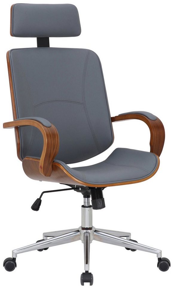TPFLiving Bürostuhl Daytona mit bequemer Rückenlehne - höhenverstellbar und 360° drehbar (Schreibtischstuhl, Drehstuhl, Chefsessel, Bürostuhl XXL), Gestell: Metall chrom - Sitzfläche: Kunstleder walnuss/grau von TPFLiving