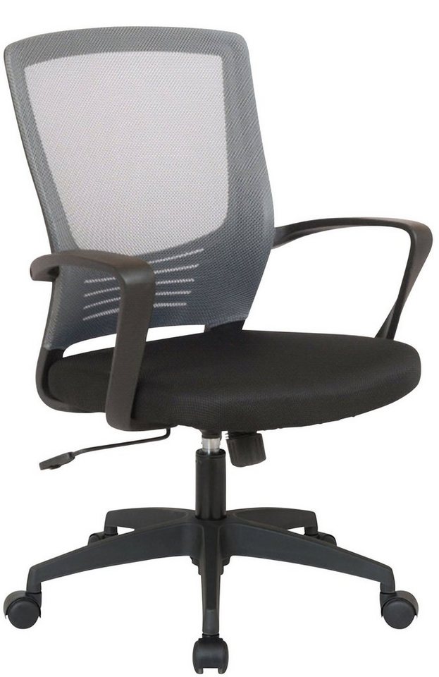 TPFLiving Bürostuhl Kamira mit bequemer Rückenlehne - höhenverstellbar und 360° drehbar (Schreibtischstuhl, Drehstuhl, Chefsessel, Konferenzstuhl), Gestell: Kunststoff schwarz - Sitz: Netzbezug schwarz/grau von TPFLiving